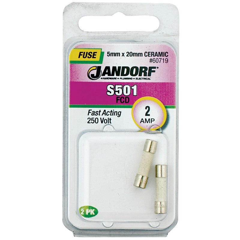 Jandorf 60719 Fast Acting Fuse, 0.07 Ohm, 2 A, 250 V, 1500 A Interrupt, Ceramic Body