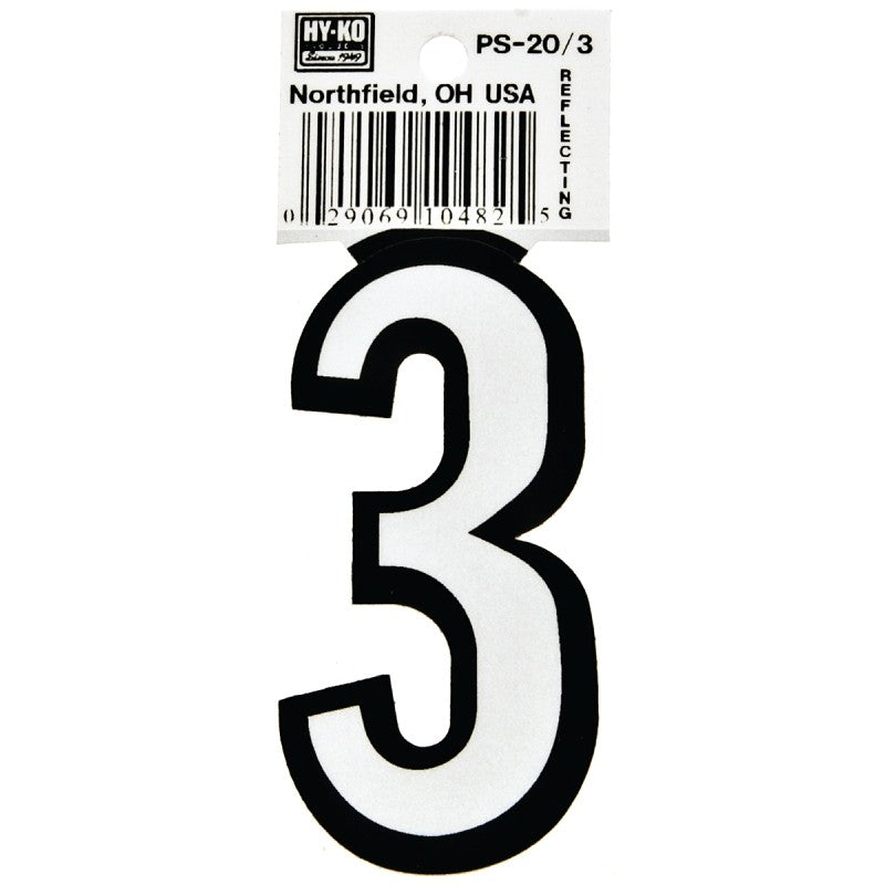 Hy-Ko PS-20/3 Reflective Sign, Character: 3, 3-1/4 in H Character, Black/White Character, Vinyl (Pack of 10)