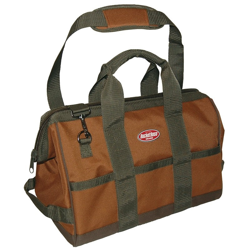 Bucket Boss Original Series 60016 Gatemouth Tool Bag, 16 in W, 9 in D, 12 in H, 16-Pocket, Poly Ripstop Fabric, Brown