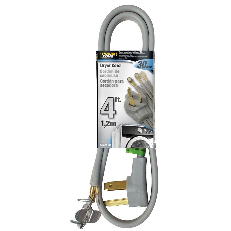 PowerZone ORD100304 Power Supply Dryer Cord, 10 AWG Cable, 4 ft L, 250 V, Gray