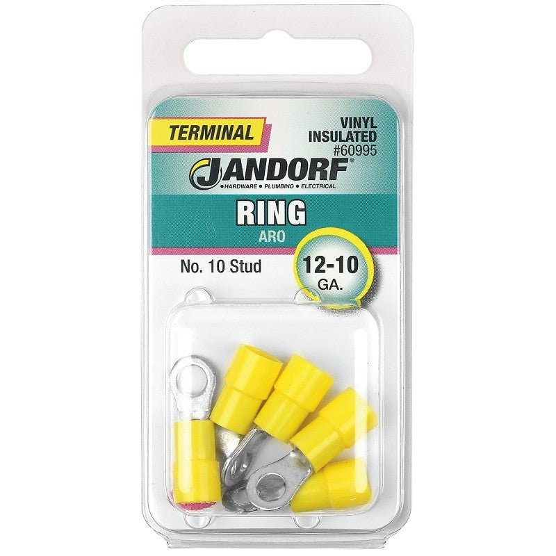Jandorf 60995 Ring Terminal, 12 to 10 AWG Wire, #10 Stud, Vinyl Insulation, Copper Contact, Yellow