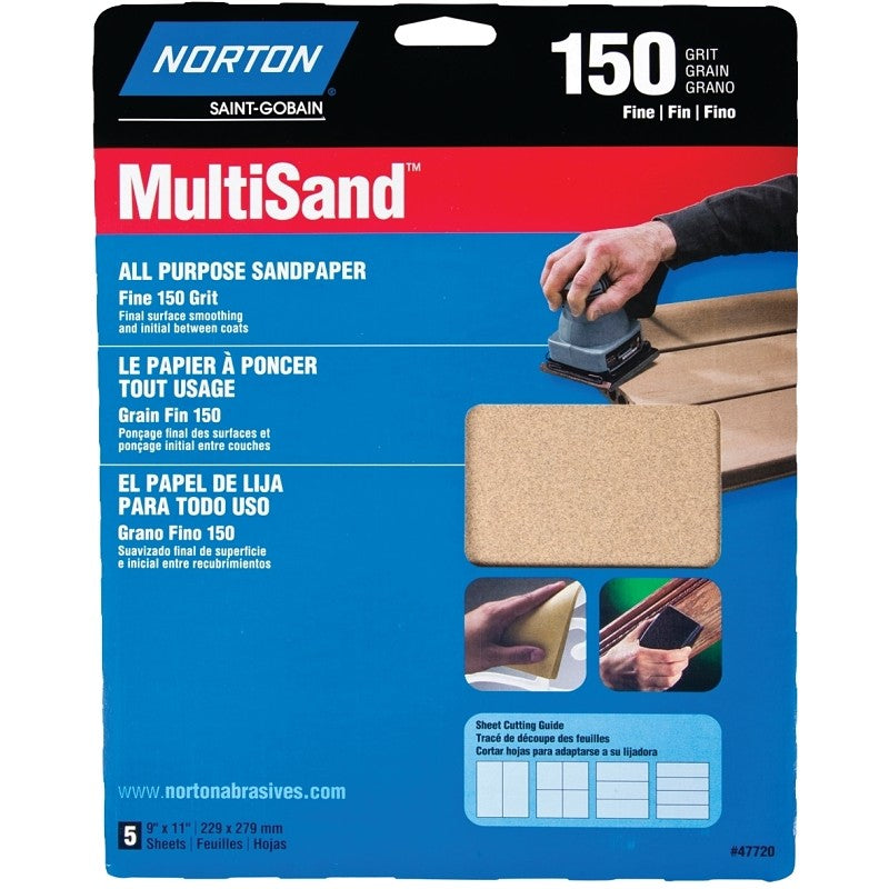 Norton MultiSand 07660747720 Sanding Sheet, Brown, 11 in L, 9 in W, Fine, 150 Grit