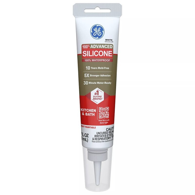 GE Advanced Silicone 2 2812566 Kitchen & Bath Sealant, White, 24 hr Curing, 2.8 fl-oz Squeeze Tube