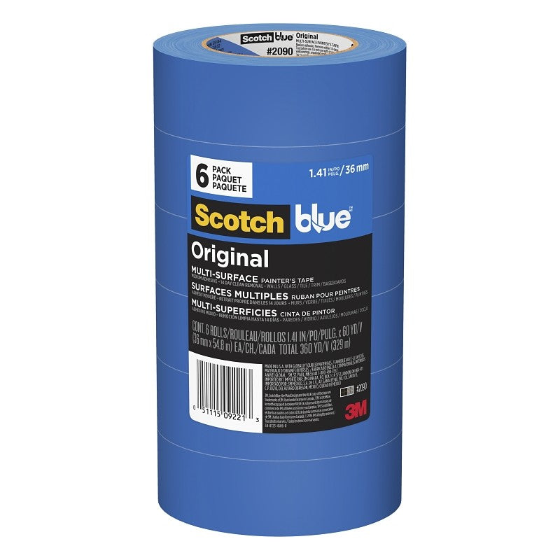 ScotchBlue 2090-36A-CP Painter's Tape, 5 mil Thick, 25 in-oz Adhesion, 60 yd L, 1-1/2 in W, Crepe Paper Backing, Blue
