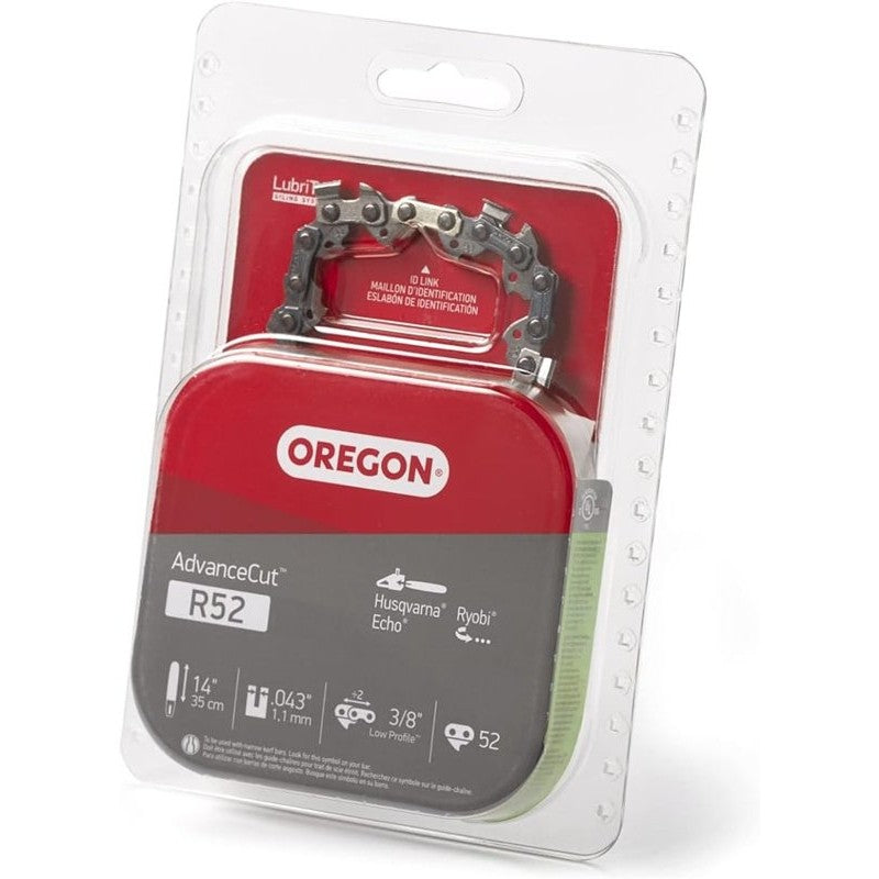 Oregon AdvanceCut R52 Chainsaw Chain, 14 in L Bar, 0.043 Gauge, 3/8 in TPI/Pitch, 52-Link