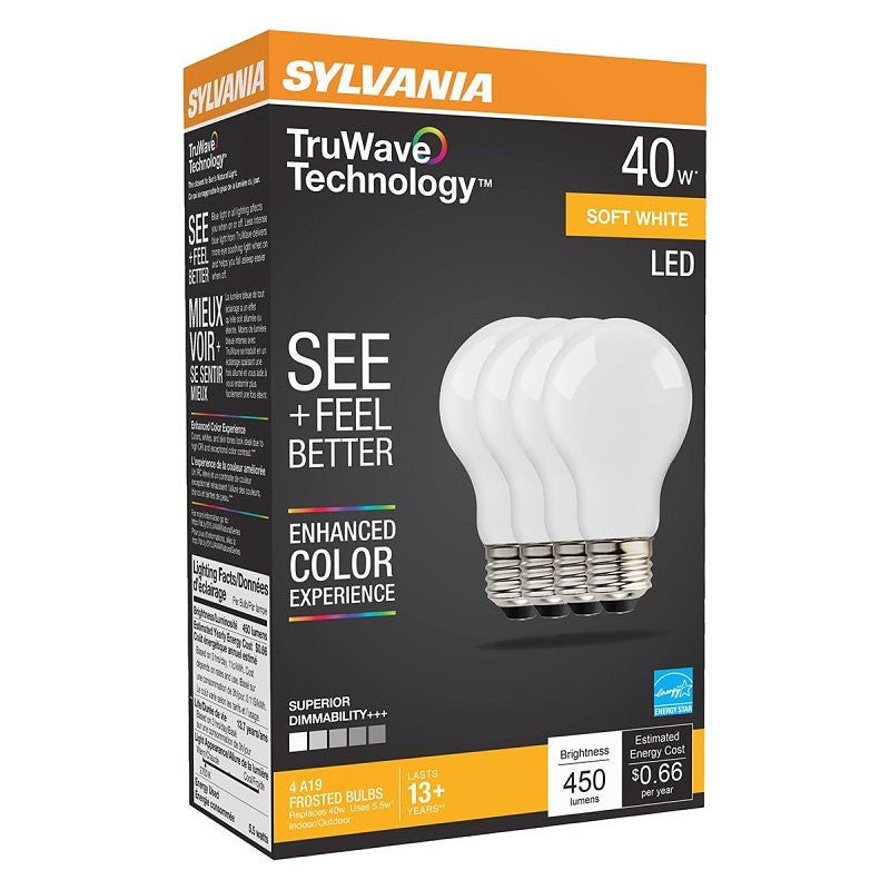 Sylvania 40668 LED Bulb, General Purpose, 5.5 W, A19 Lamp, E26 Lamp Base, Dimmable, Frosted, Soft White