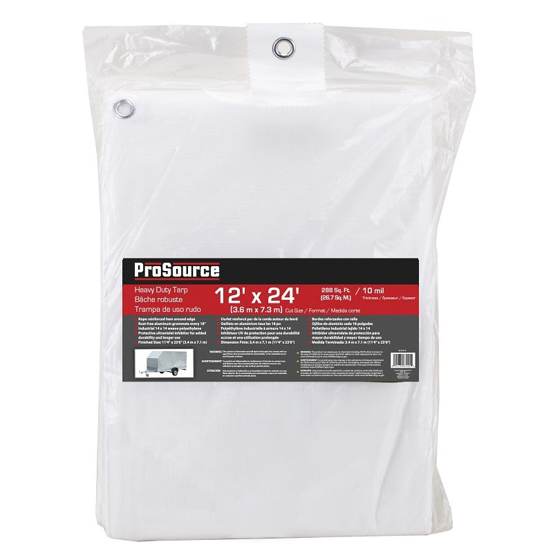 ProSource TW1224 Tarp, 24 ft L, 12 ft W, 10 mil Thick, Plastic, White