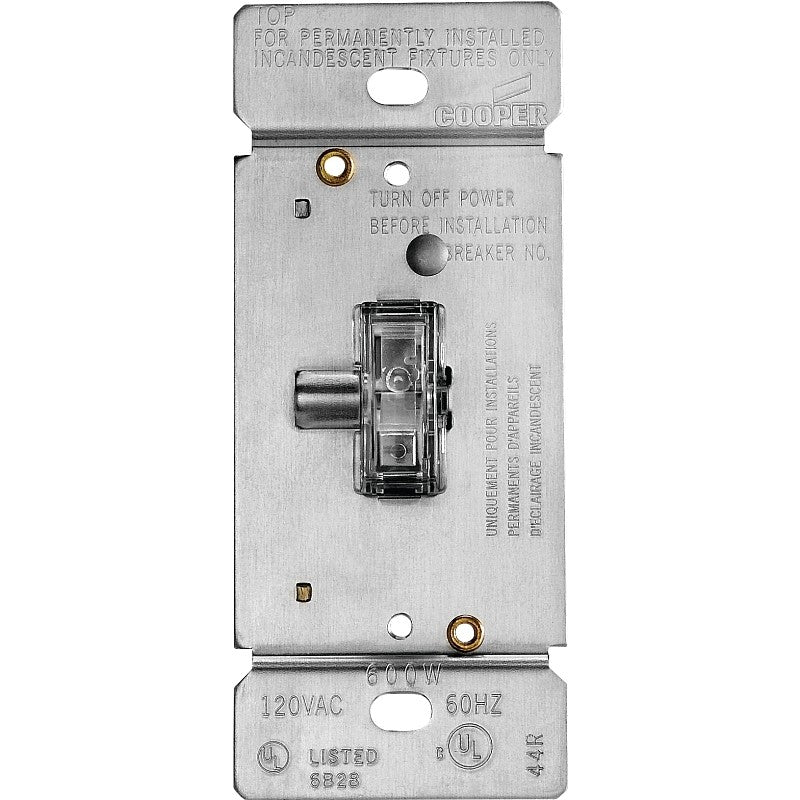 Eaton Wiring Devices TI306L-K Toggle Dimmer, 5 A, 120 V, 600 W, CFL, Halogen, Incandescent, LED Lamp, 3-Way, Clear