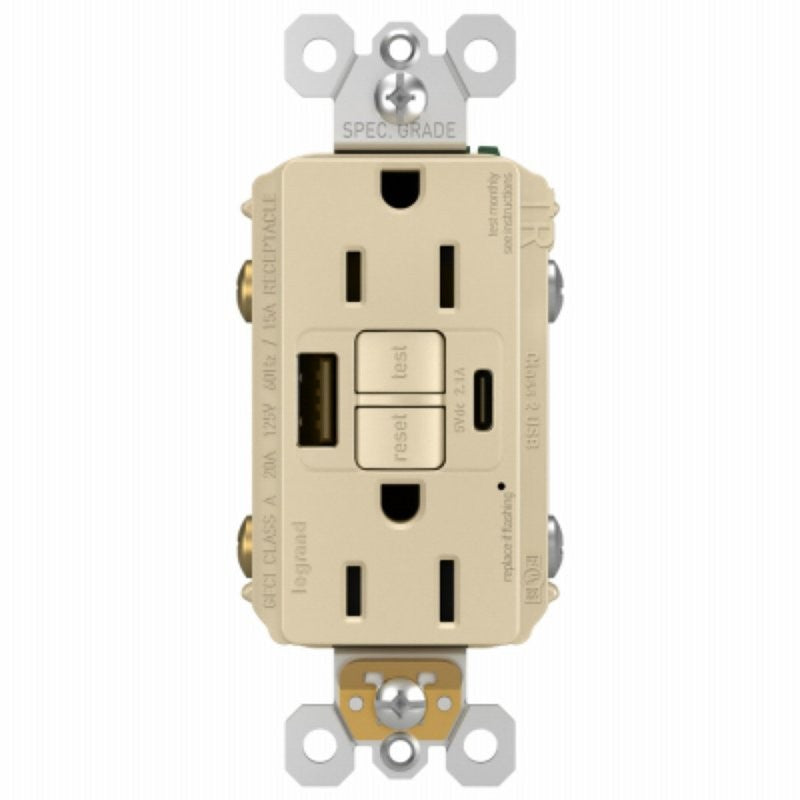 Legrand radiant® 1597TRUSBACI Self-Test GFCI USB Outlet, 2-Pole, 15/2.1 A, 125 VAC, 1-Gang, 2-USB Port, Type A/A USB