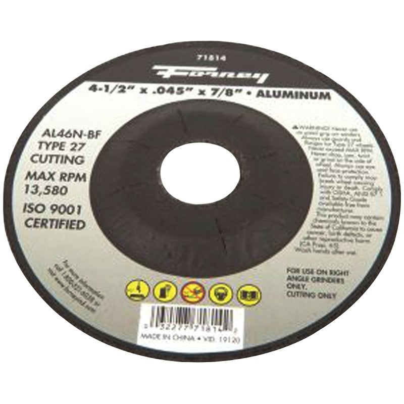Forney 71814 Cut-Off Wheel, 4-1/2 in Dia, 0.045 in Thick, 7/8 in Arbor, 46 Grit, Medium, Aluminum Oxide Abrasive