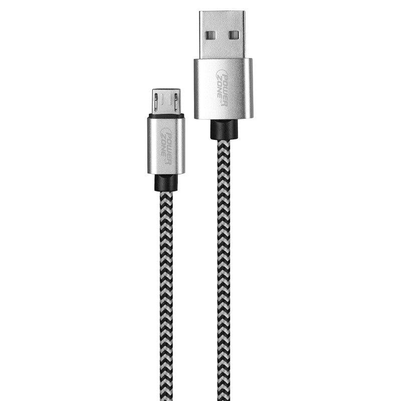 PowerZone KL-029X-2M-MICRO Micro Charging Cable, Micro USB, USB, Black/White Sheath, 6 ft L