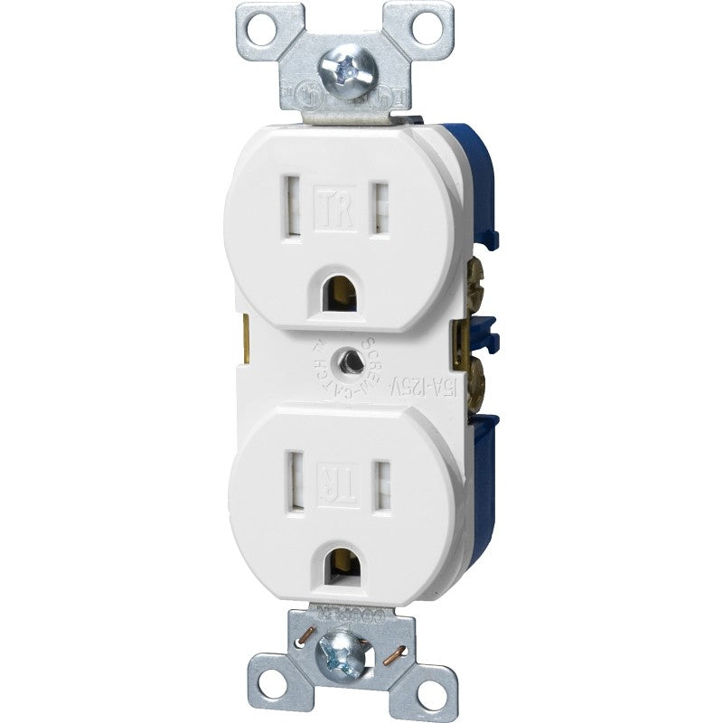 Eaton Wiring Devices TRBR15W-BXSP Duplex Receptacle, PVC, White, 2-Pole, 15 A, 125 V, Back, Side Wiring, NEMA: 5-15R
