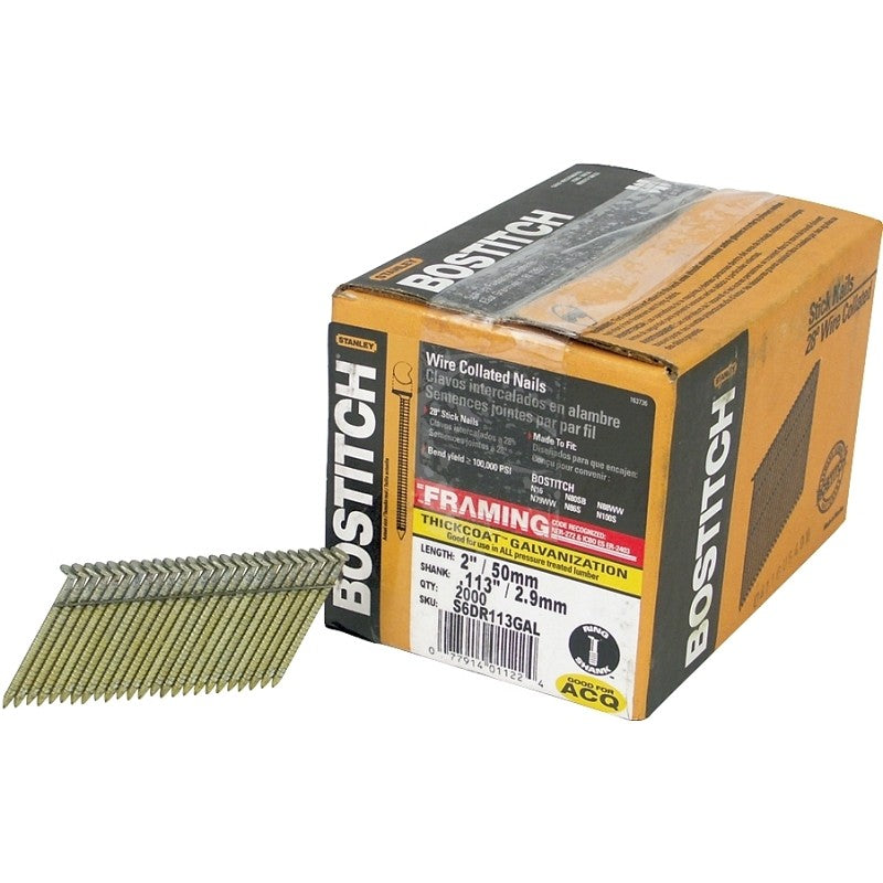 Bostitch S6DR113GAL-FH Framing Nail, 2 in L, 12 Gauge, Steel, Thick Coat, Full Round Head, Ring Shank