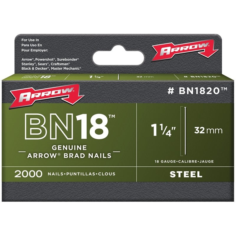 Arrow BN1820CS Brad Nail, 1-1/4 in L, Steel, Natural, Smooth Shank