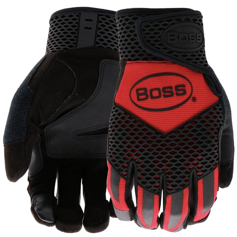 Boss Protect Ax Suede B52061-M Protective Gloves, Men's, M, 7-1/8 to 8 in L, Reinforced Thumb, Slip-On Cuff, Black/Red