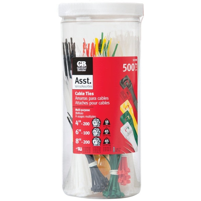 Gardner Bender 50398 Cable Tie, Double-Lock Locking, 4 in, 6 in, 8 in L, 500/PK