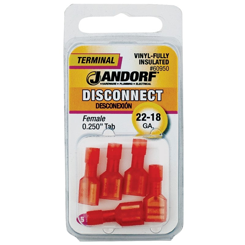 Jandorf 60950 Disconnect Terminal, 22 to 18 AWG Wire, Vinyl Insulation, Copper Contact, Red, 5/PK