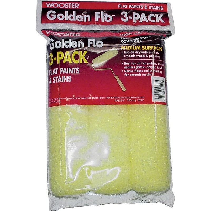 Wooster RR726-9 Roller Cover, 3/8 in Thick Nap, 9 in L, Fabric Cover, Yellow