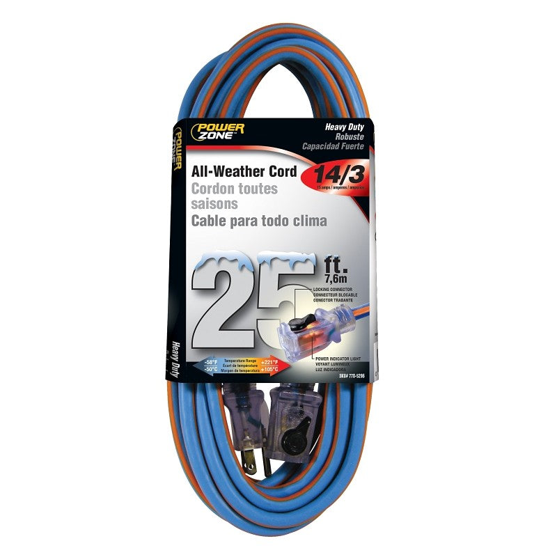 PowerZone ORC530725 Extension Cord, 14 AWG Cable, 5-15P Grounded Plug, 5-15R Grounded Receptacle, 25 ft L, 125 V