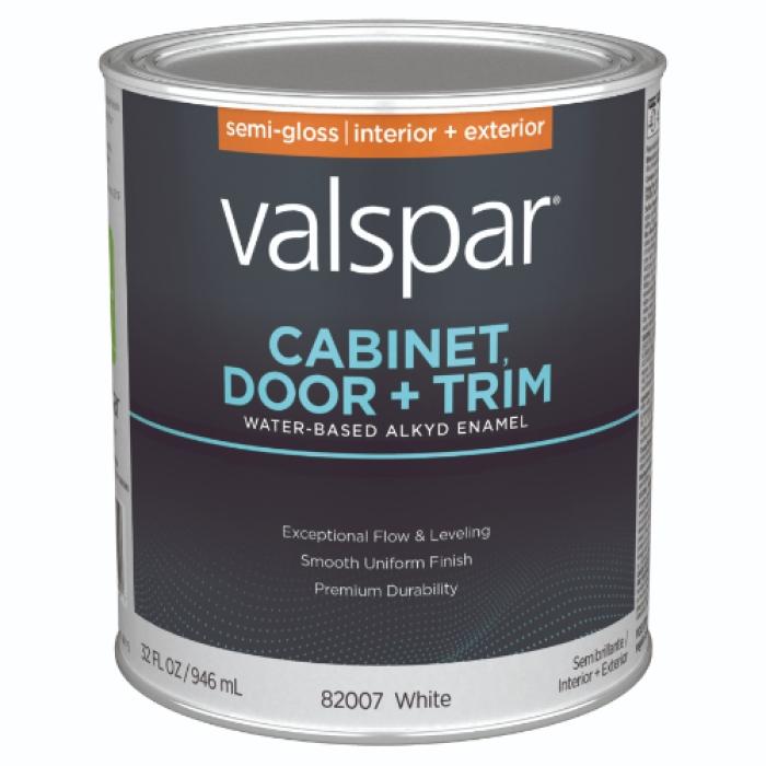 Valspar 8200 028.0082007.005 Cabinet, Door and Trim Paint Enamel, Water Base, Semi-Gloss Sheen, White Base, 1 qt