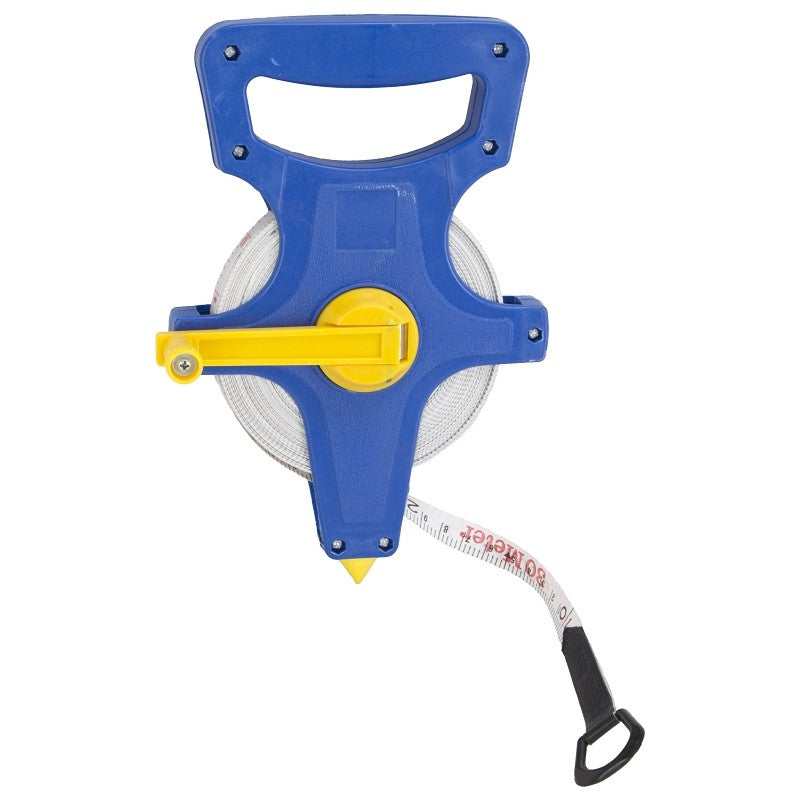 Vulcan JL-TAPEOF100 Tape Measure, 100 ft L Blade, Fiberglass Blade, ABS Plastic Case, Blue Case