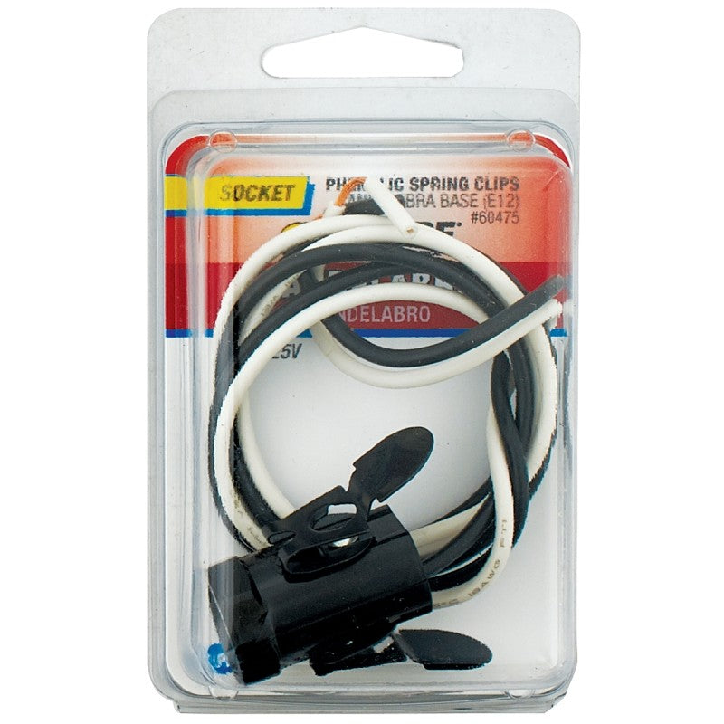 Jandorf 60475 Lamp Socket, 24 in Wire Dimensions, 125 V, 75 W, Phenolic Housing Material, Black, Candelabra E12 Base