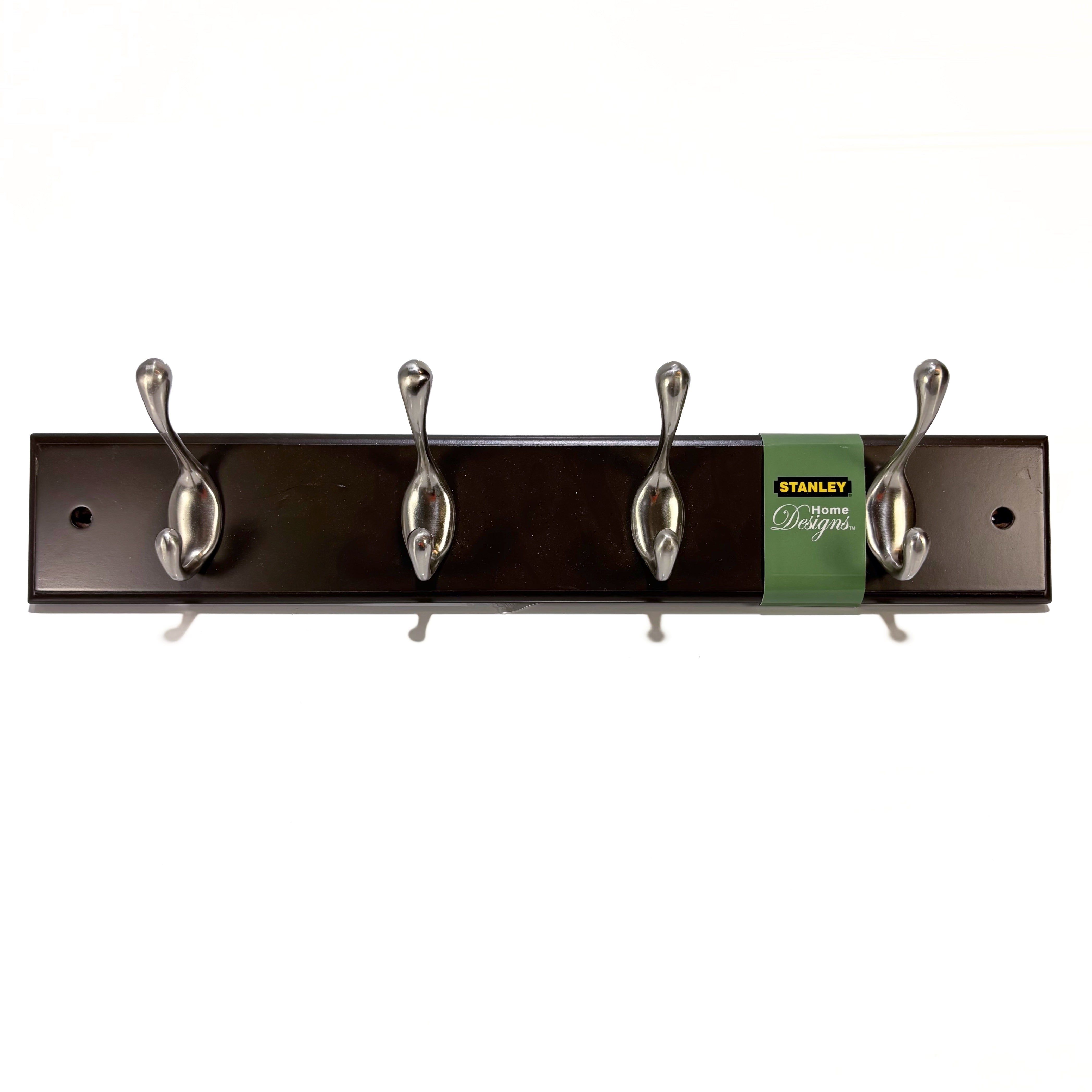 Coat & Hat Hook Rail 18 Inch 4 Satin Nickel Hooks Walnut Finish Wood Rail (POS)