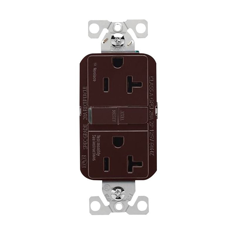 Eaton GF20B GFCI Receptacle, 125 V, 20 A, NEMA: NEMA 5-20R, Back, Side Wiring, Brown