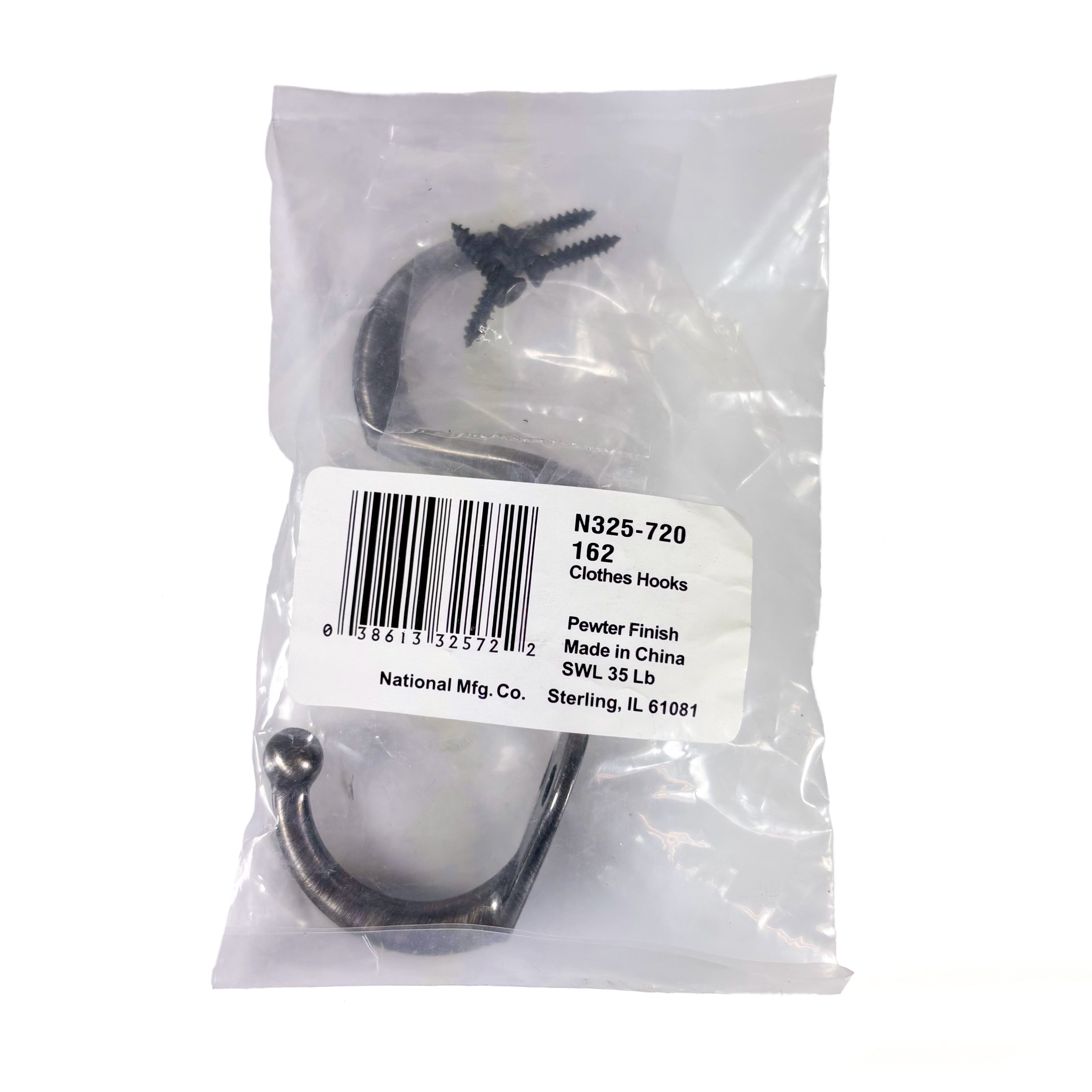 Basic Single Ball End Robe Hooks Pewter 2 Pack