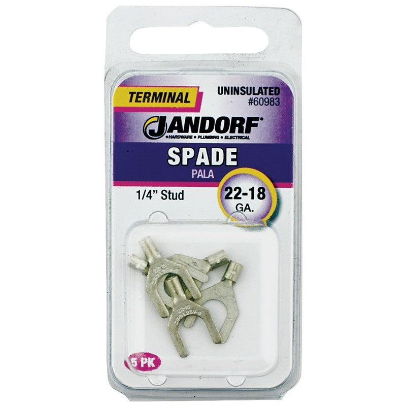Jandorf 60983 Spade Terminal, 600 V, 22 to 18 AWG Wire, 1/4 in Stud, Copper Contact