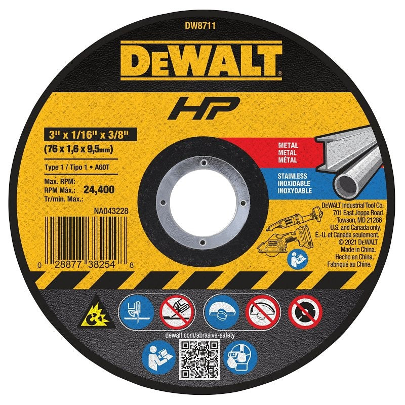 DEWALT DW8711 Die Grinder Wheel, 3 in Dia, 1/16 in Thick, 3/8 in Arbor, A60T Grit, Very Fine, Aluminum Oxide Abrasive