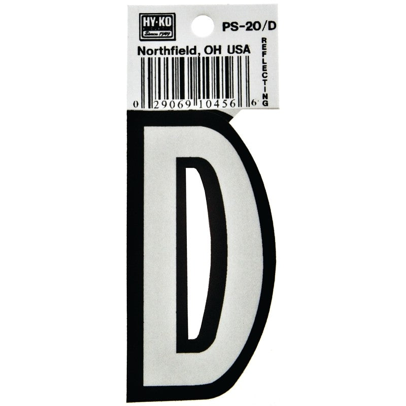 Hy-Ko PS-20/D Reflective Letter, Character: D, 3-1/4 in H Character, Black/White Character, Vinyl (Pack of 10)
