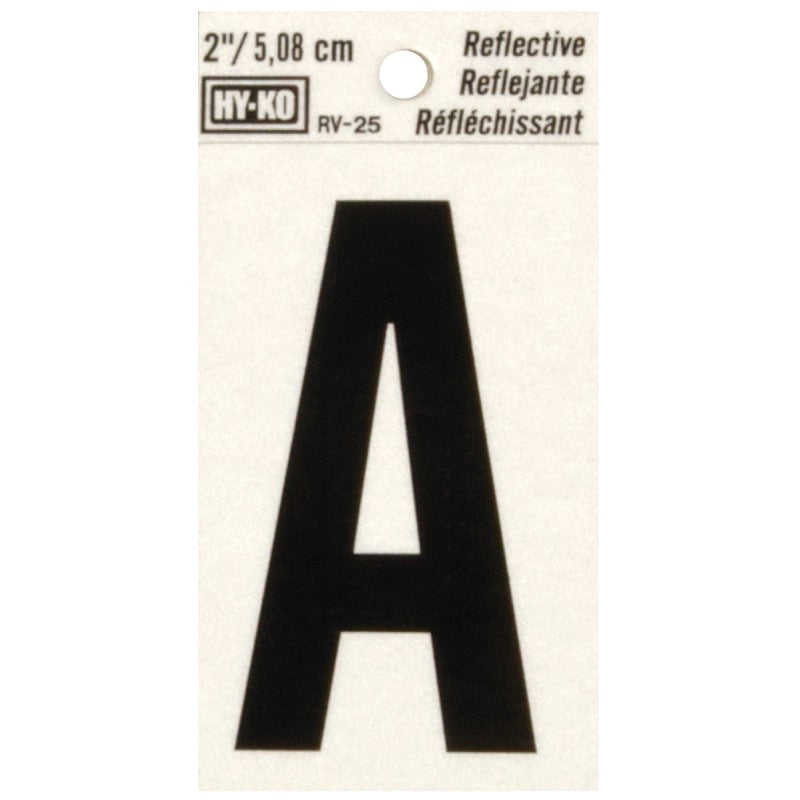 Hy-Ko RV-25/A Reflective Letter, 1-1/2 in W x 3 in H Dimensions, Character: A, 2 in H Character, Black Character, Vinyl (Pack of 10)