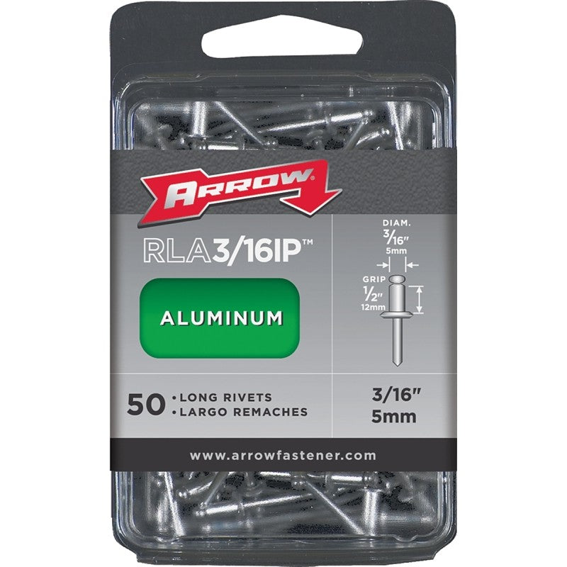 Arrow RLA3/16IP Pop Rivet, Long, 1/2 in Grip, 1/2 in L, Aluminum, 50/PK