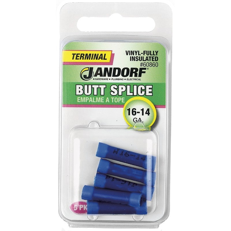 Jandorf 60860 Butt Splice Connector, 16 to 14 AWG Wire, Vinyl Insulation, Copper Contact, Blue, 5/PK