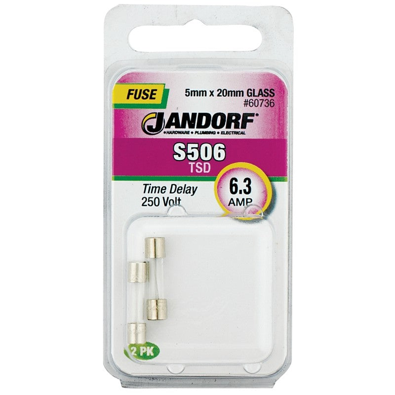 Jandorf 60736 Time Delay Fuse, 0.007 Ohm, 6.3 A, 250 V, 63 A Interrupt, Glass Body