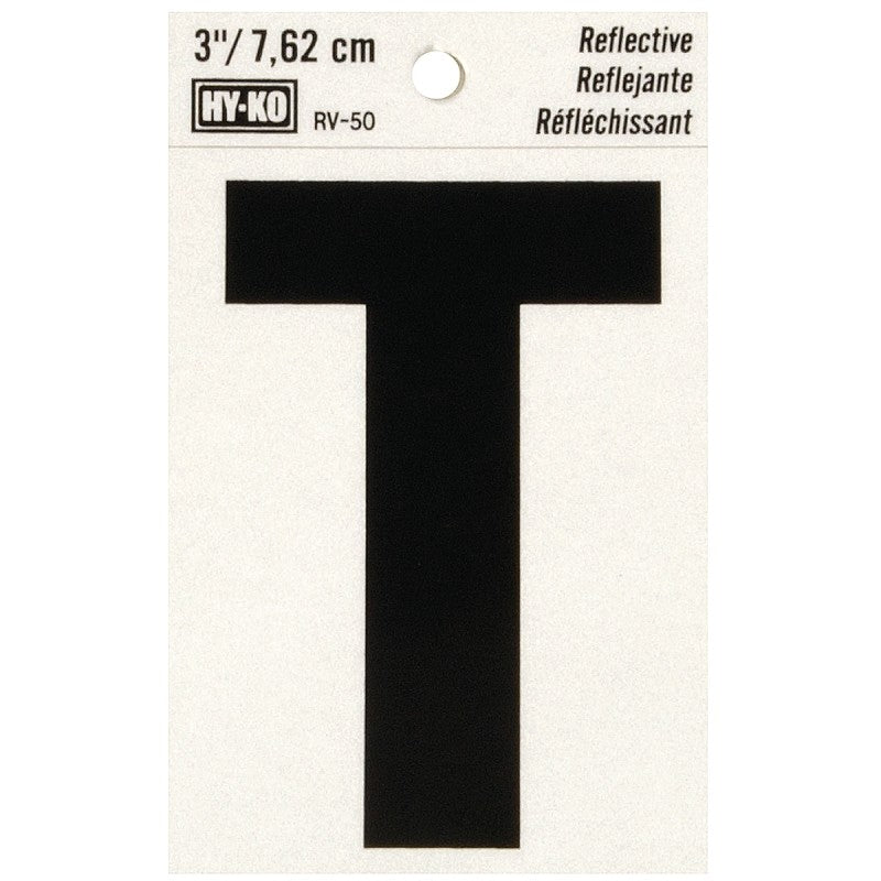 Hy-Ko RV-50/T Reflective Letter, Character: T, 3 in H Character, Black Character, Silver Background, Vinyl (Pack of 10)