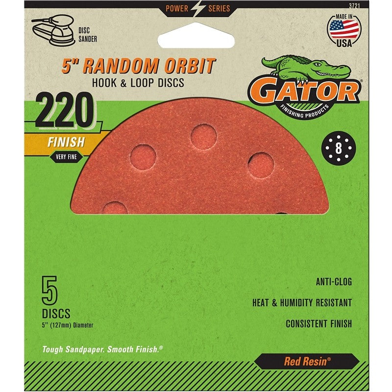 Gator 3721 Sanding Disc, 5 in Dia, 220 Grit, Extra Fine, Aluminum Oxide Abrasive, Vented, 5/PK