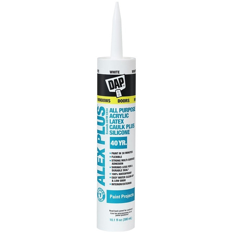 DAP 18152 Acrylic Latex Caulk with Silicone, White, -20 to 180 deg F, 10.1 fl-oz Cartridge (Pack of 12)