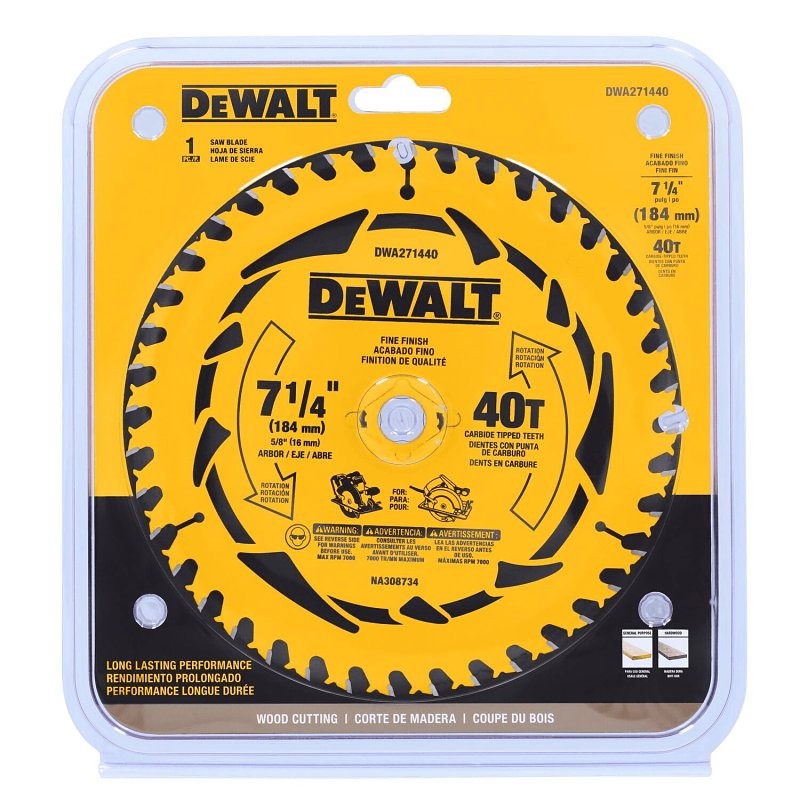 DEWALT DWA171440 Circular Saw Blade, 7-1/4 in Dia, 5/8 in Arbor, 40-Teeth, Tungsten Carbide Cutting Edge, 1/PK
