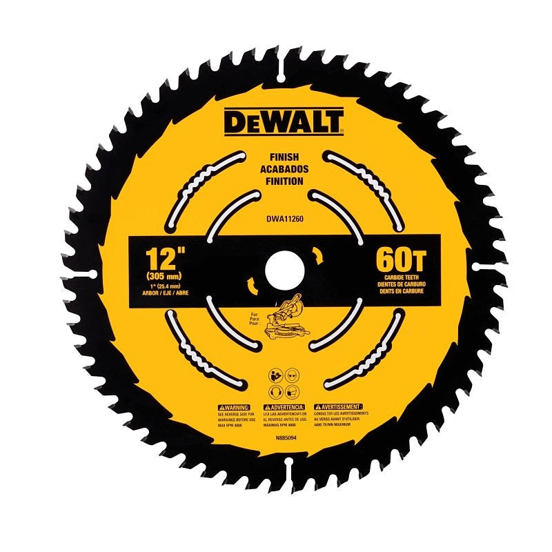 DEWALT DWA11260 Saw Blade, 12 in Dia, 1 in Arbor, 60-Teeth, Carbide Cutting Edge