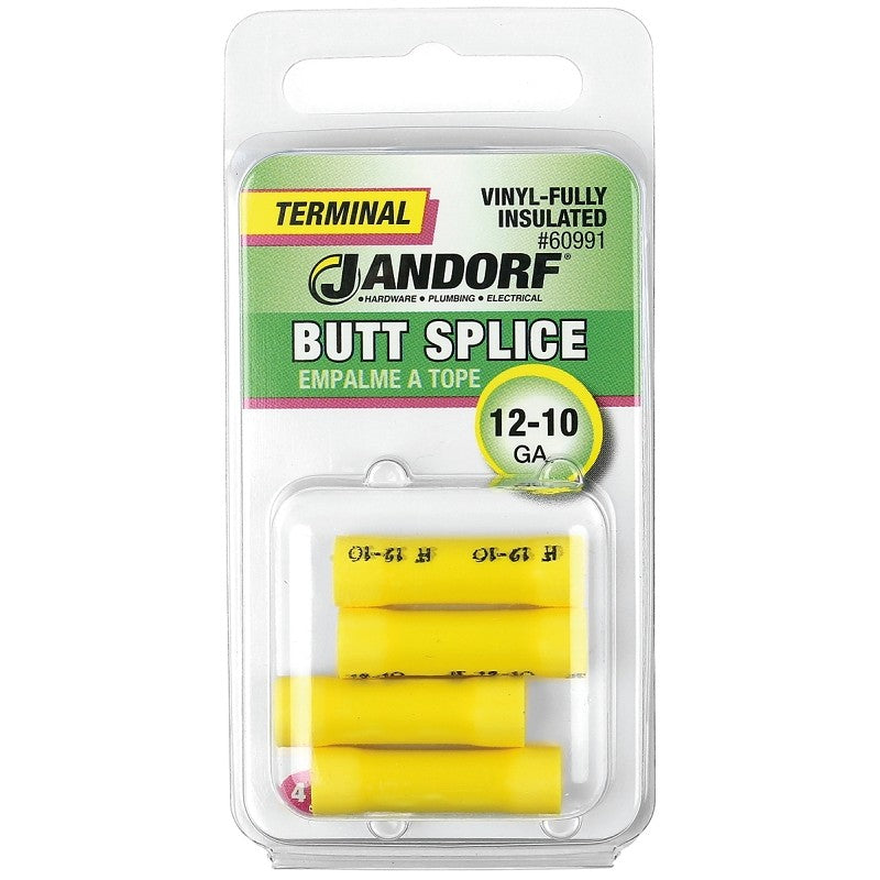 Jandorf 60991 Butt Splice Connector, 12 to 10 AWG Wire, Vinyl Insulation, Yellow