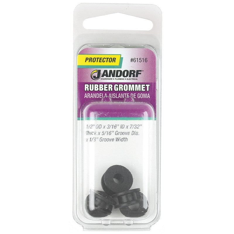 Jandorf 61516 Grommet, 3/16 in ID, 1/2 in OD, Rubber, Black, 7/32 in Thick Panel
