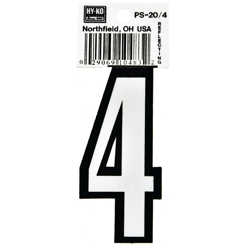 Hy-Ko PS-20/4 Reflective Sign, Character: 4, 3-1/4 in H Character, Black/White Character, Vinyl (Pack of 10)