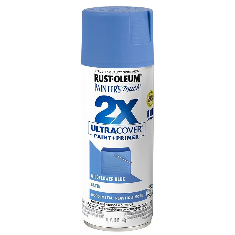 Rust-Oleum Painter's Touch 2X Ultra Cover 334080 Spray Paint, Satin, Wildflower Blue, 12 oz, Aerosol Can