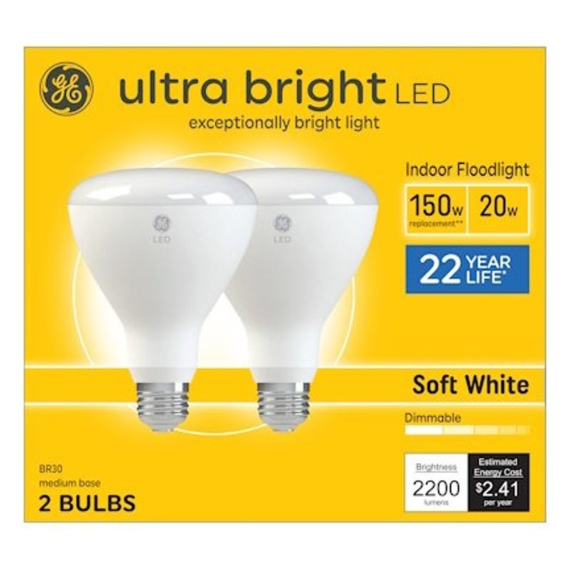 GE 93130933 LED Light Bulb, BR30 Lamp, 150 W Equivalent, E26 Medium Lamp Base, Dimmable, Soft White Light