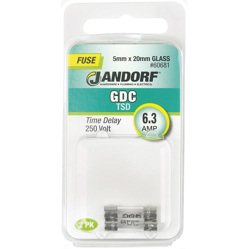 Jandorf 60681 Time Delay Fuse, 0.007 Ohm, 6.3 A, 250 V, 63 A Interrupt, Glass Body, 5 mm Dia