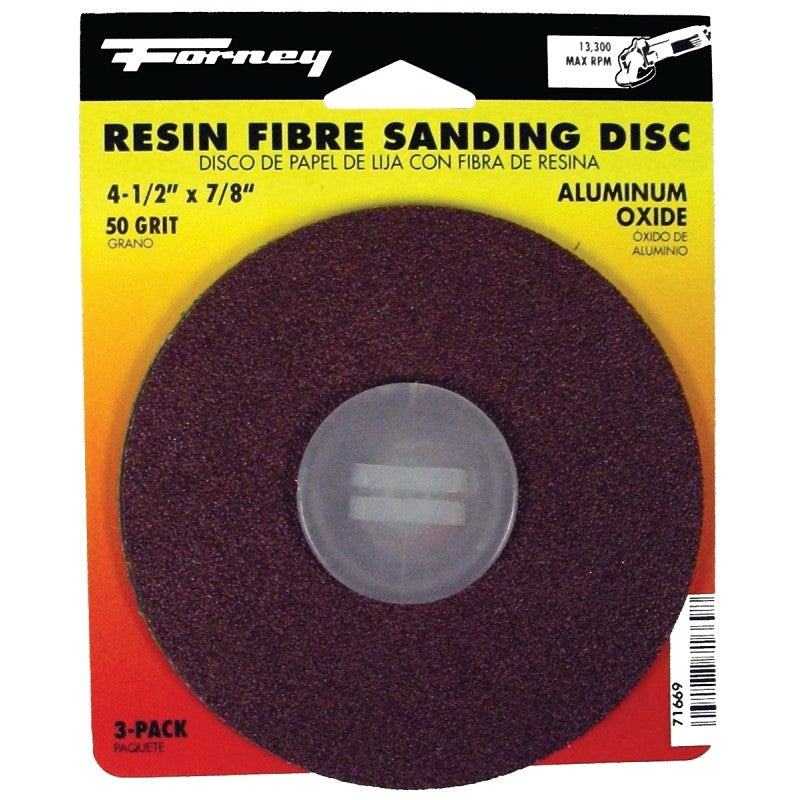 Forney 71669 Sanding Disc, 4-1/2 in Dia, 7/8 in Arbor, Coated, 50 Grit, Coarse, Aluminum Oxide Abrasive