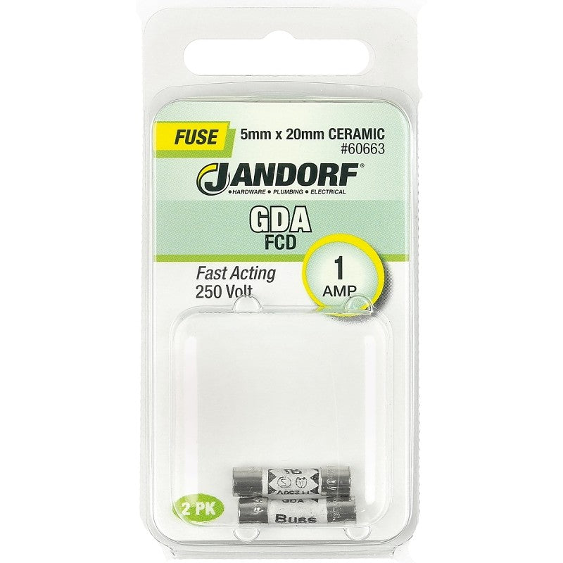 Jandorf 60663 Fast Acting Fuse, 0.23 Ohm, 1 A, 250 V, 1500 A Interrupt, Ceramic Body, 5 mm Dia
