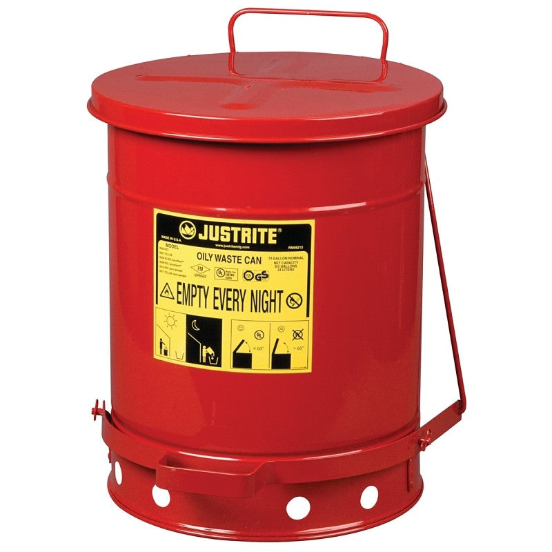 Justrite 09300 Oily Waste Can, 10 gal Can, Steel, Red, Foot-Operated Self-Closing, 13.938 in Dia, 18-1/4 in H